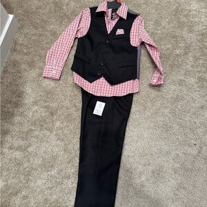 Red and Black Checkered Shirt with Vest and Pants Set